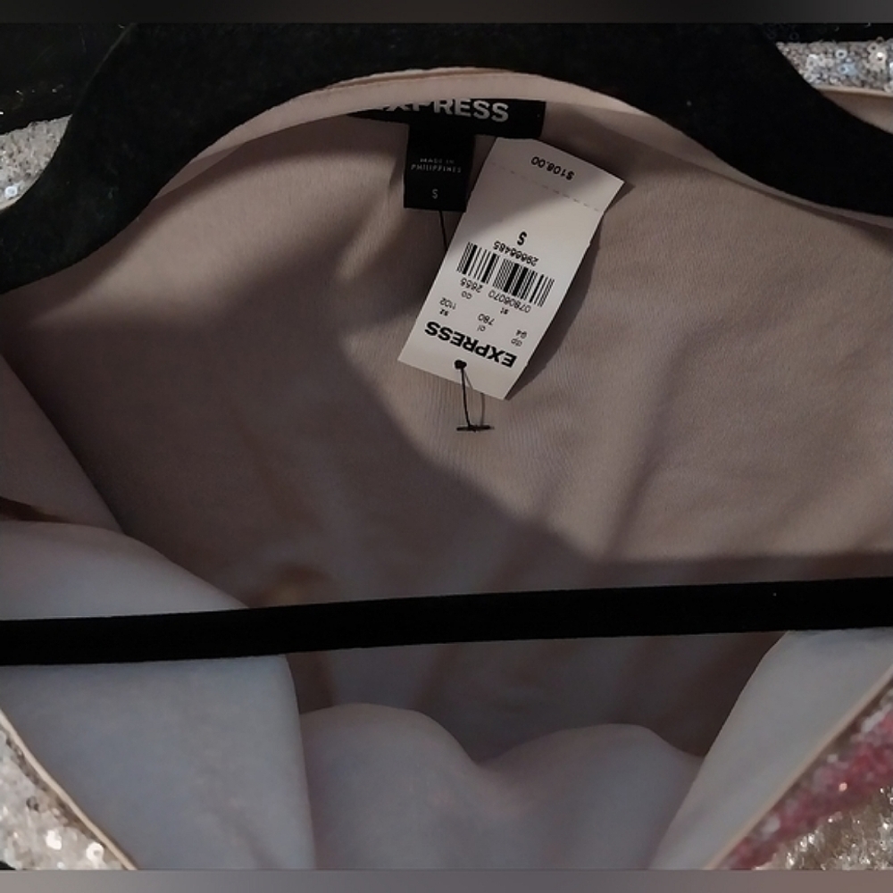 NWT Express Champagne Short Sleeve Sequined Ruched Mini Dress Size Small - Picture 12 of 16
